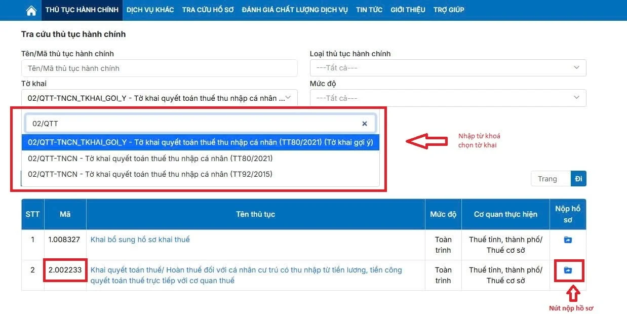 lựa chọn tờ khai quyết toán