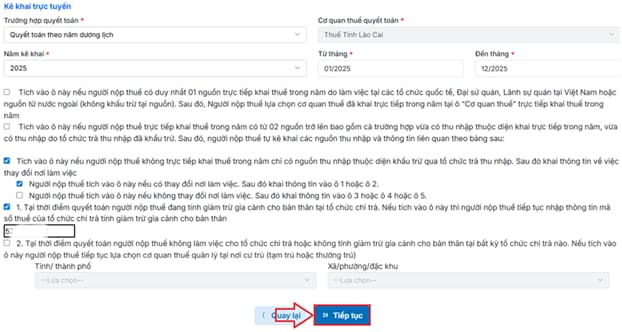 người nộp thuế bấm “tiếp tục” để chuyển sang màn hình kê khai