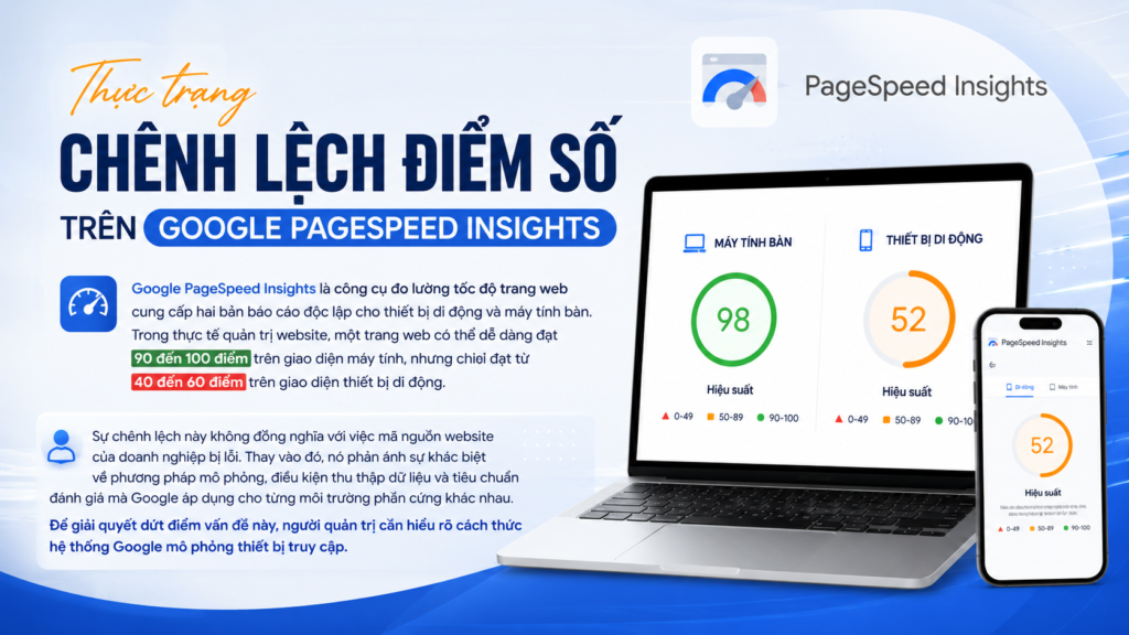 Tại sao điểm Google PageSpeed Insights thiết bị di động luôn thấp hơn máy tính? thực trạng chênh lệch điểm số trên google pagespeed insights