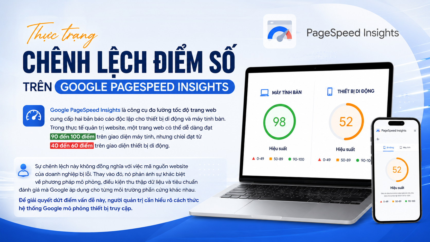 Tại sao điểm Google PageSpeed Insights thiết bị di động luôn thấp hơn máy tính? thực trạng chênh lệch điểm số trên google pagespeed insights