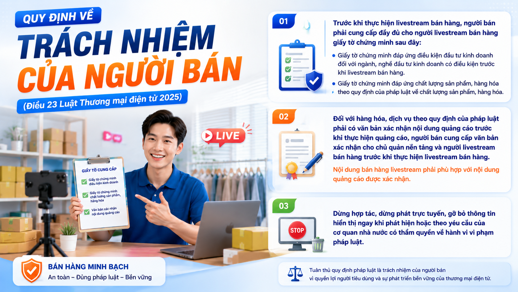 Livestream bán hàng là gì? Các trách nhiệm của cá nhân thực hiện livestream quy định về trách nhiệm của người bán (Điều 23 luật thương mại điện tử 2025)