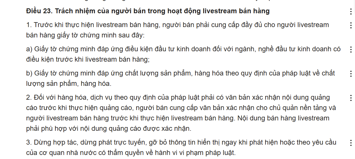 Chi tiết trách nhiệm của người bán và người livestream theo Luật TMĐT mới (số 122/2025/QH15) trách nhiệm của người bán hàng (theo Điều 23)