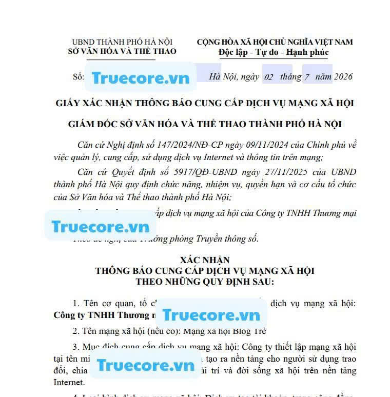 dịch vụ xin giấy phép mạng xã hội của truecore.vn