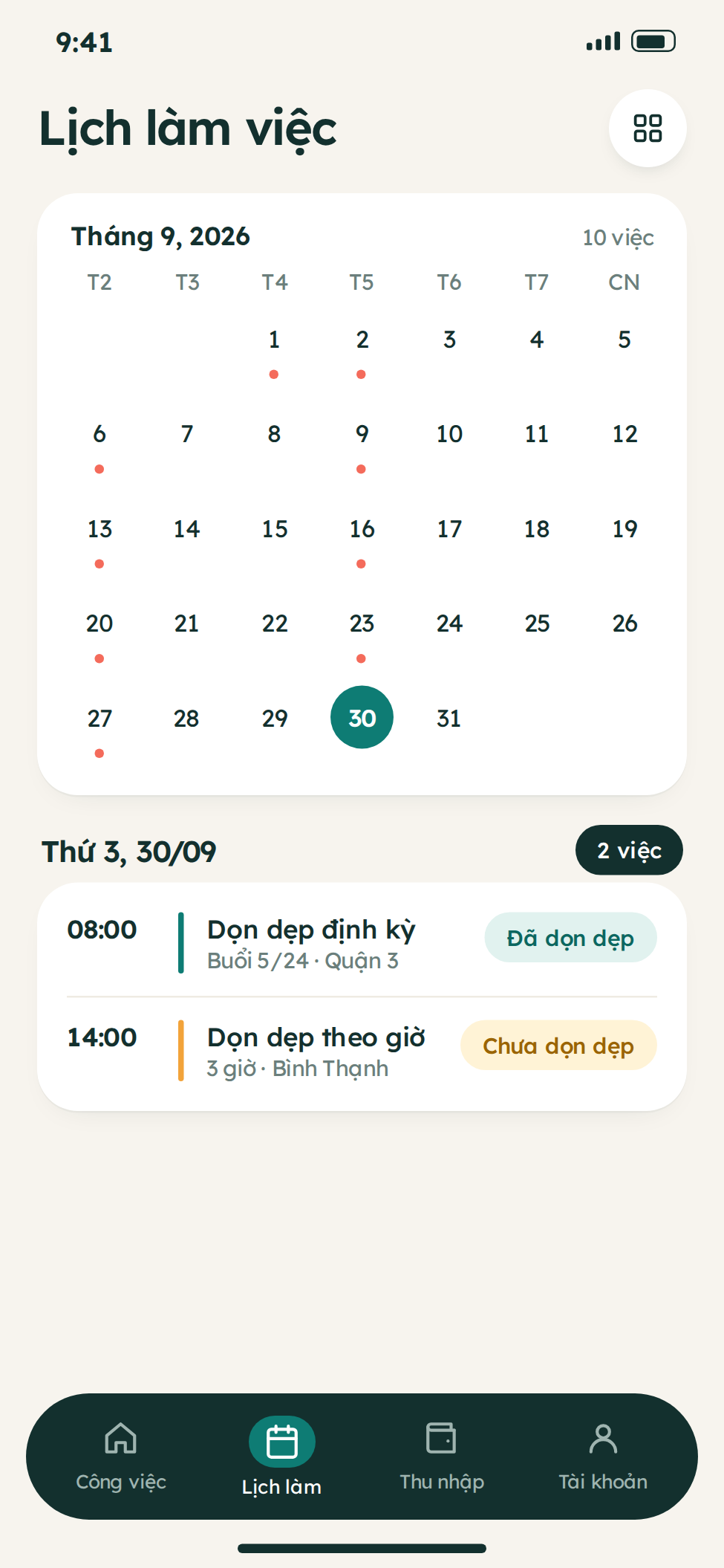 Giao diện ứng dụng thuê giúp việc nhà
