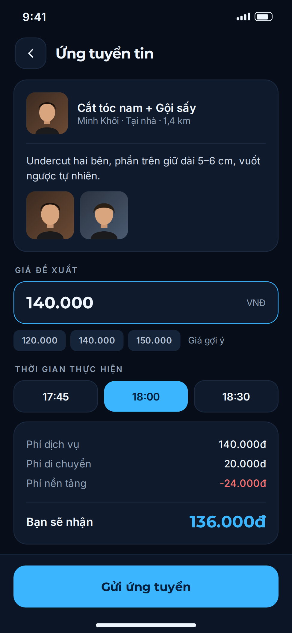 Lựa chọn dịch vụ trên app cắt tóc