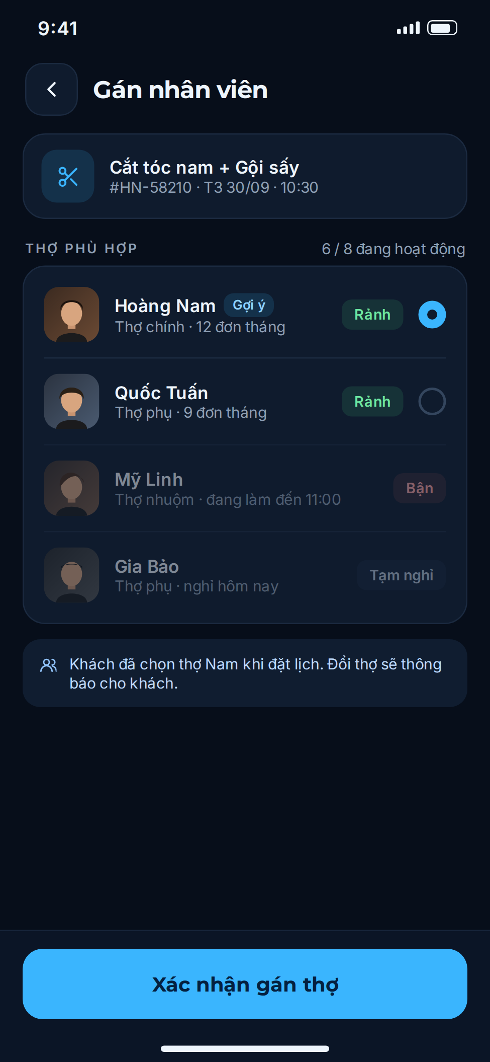 Quản lý thợ trên app mobile