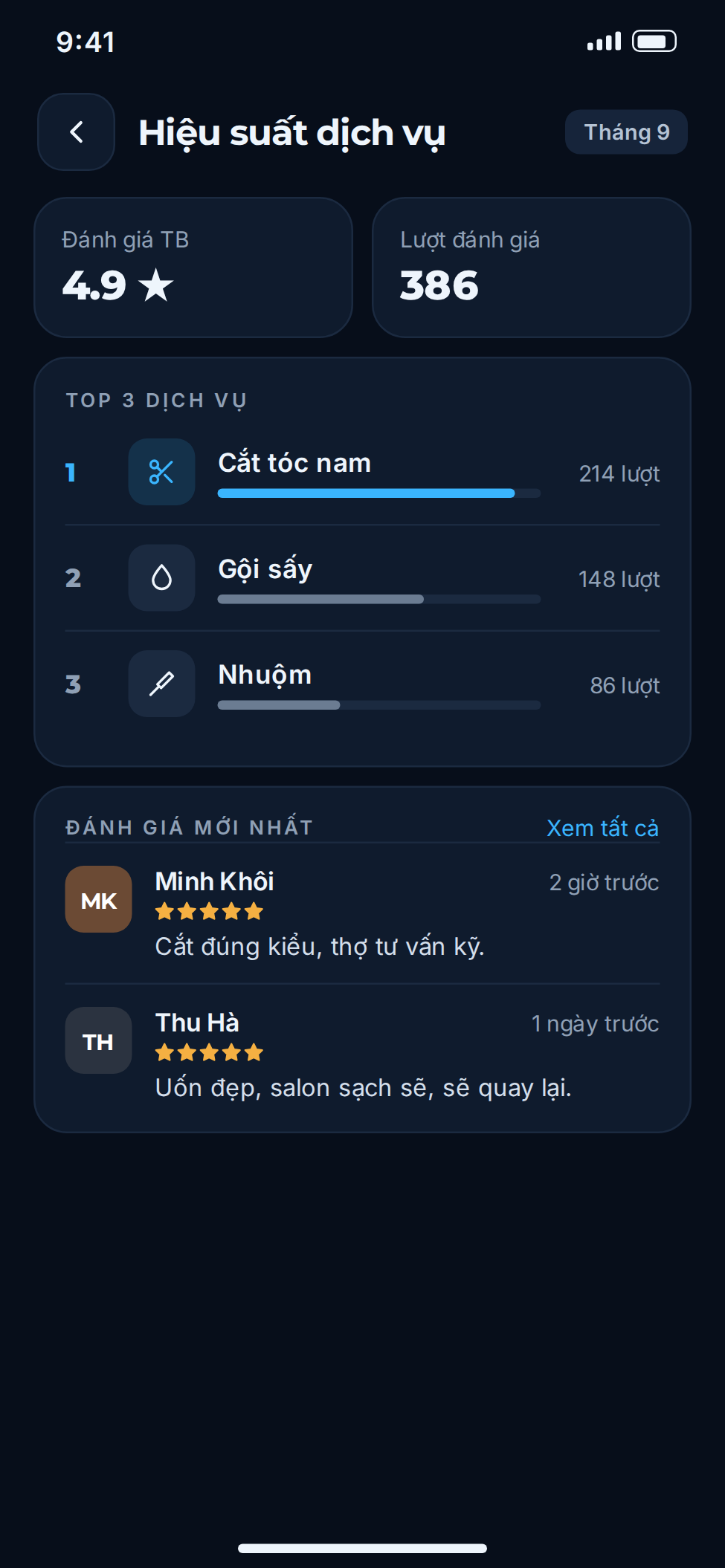 Quản lý lịch hẹn salon tóc trên ứng dụng