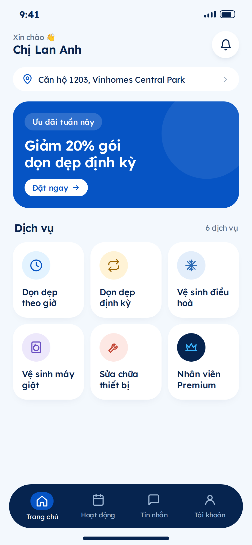 App khách hàng đặt dịch vụ giúp việc