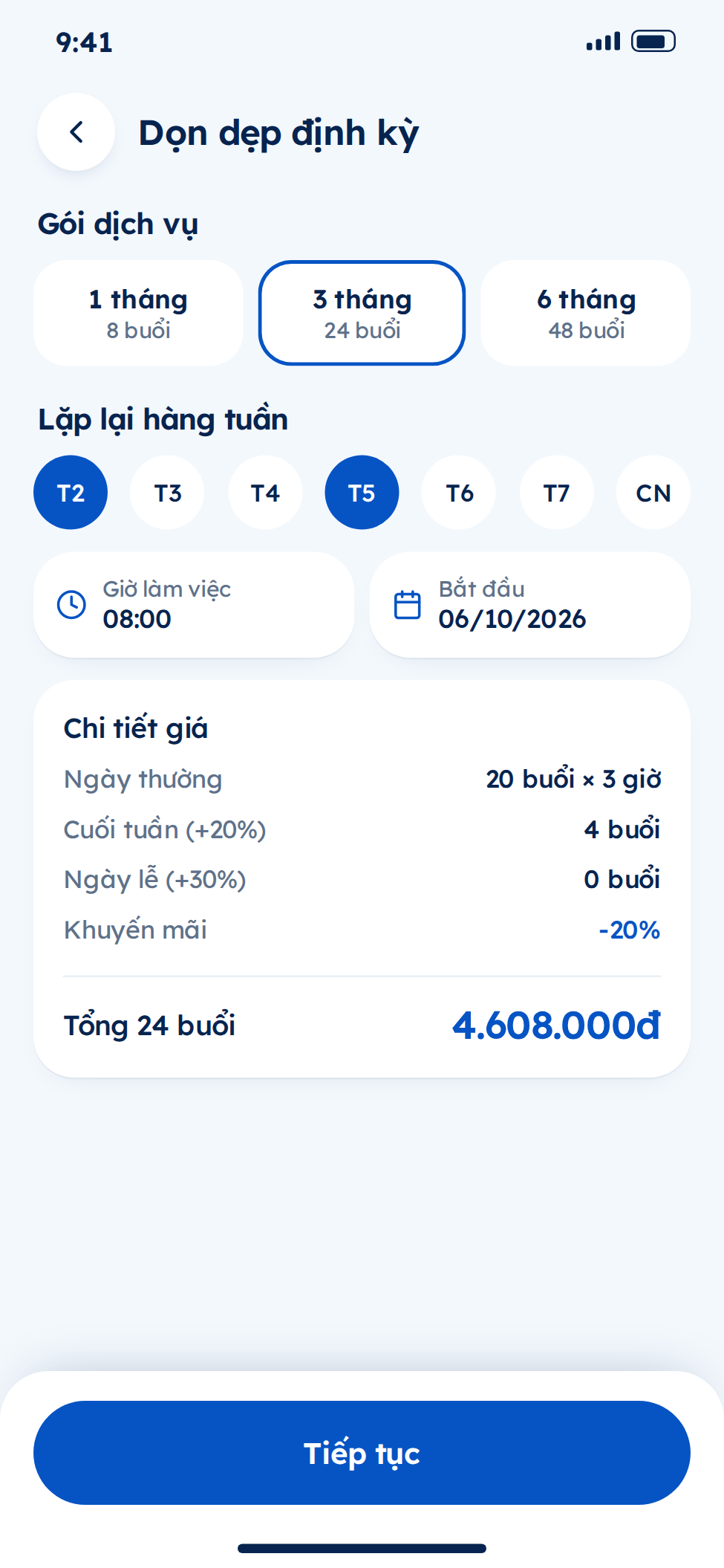 Đặt lịch dịch vụ trên ứng dụng