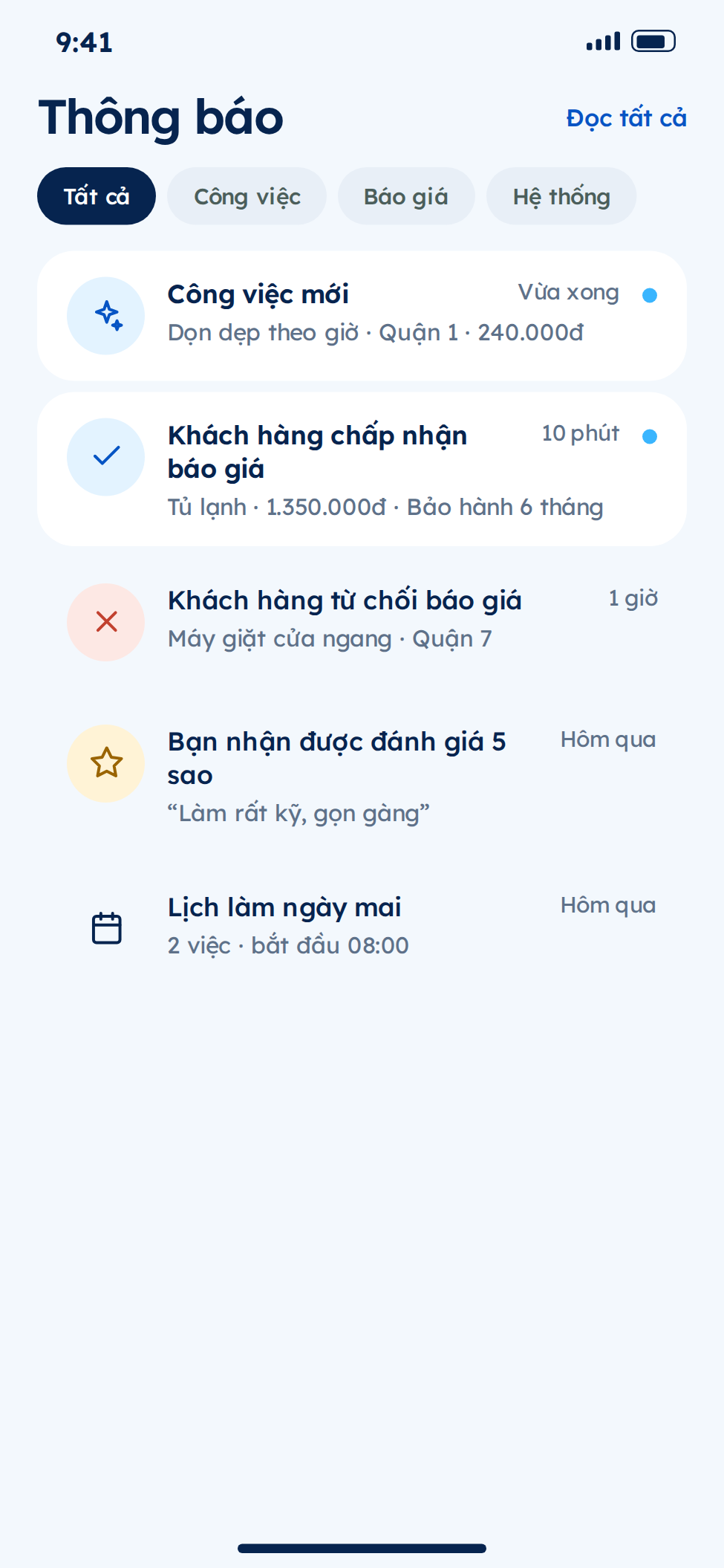 Thông báo trong app giúp việc nhà