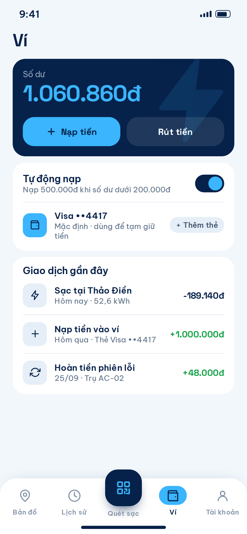 Ví điện tử app sạc xe điện