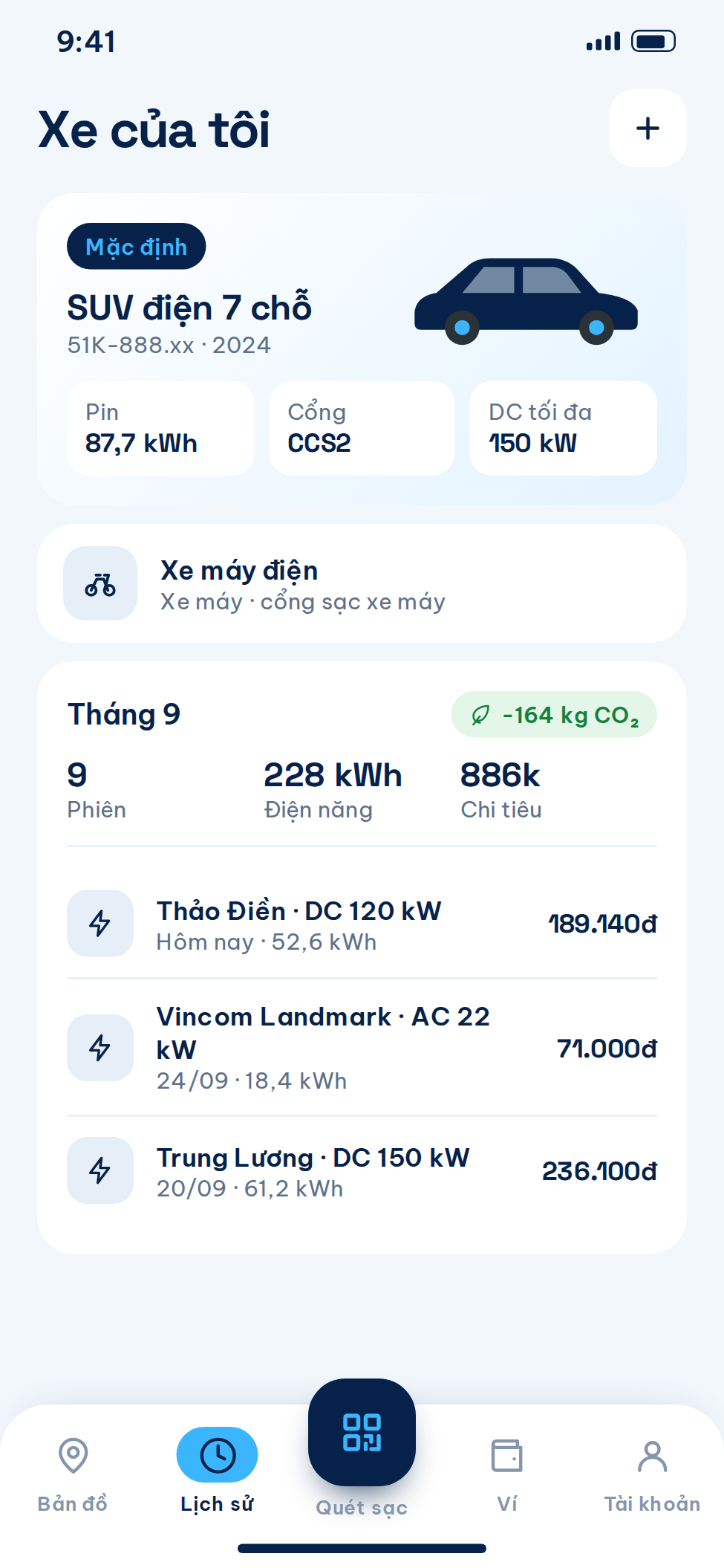 Quản lý phương tiện và lịch sử sạc xe điện